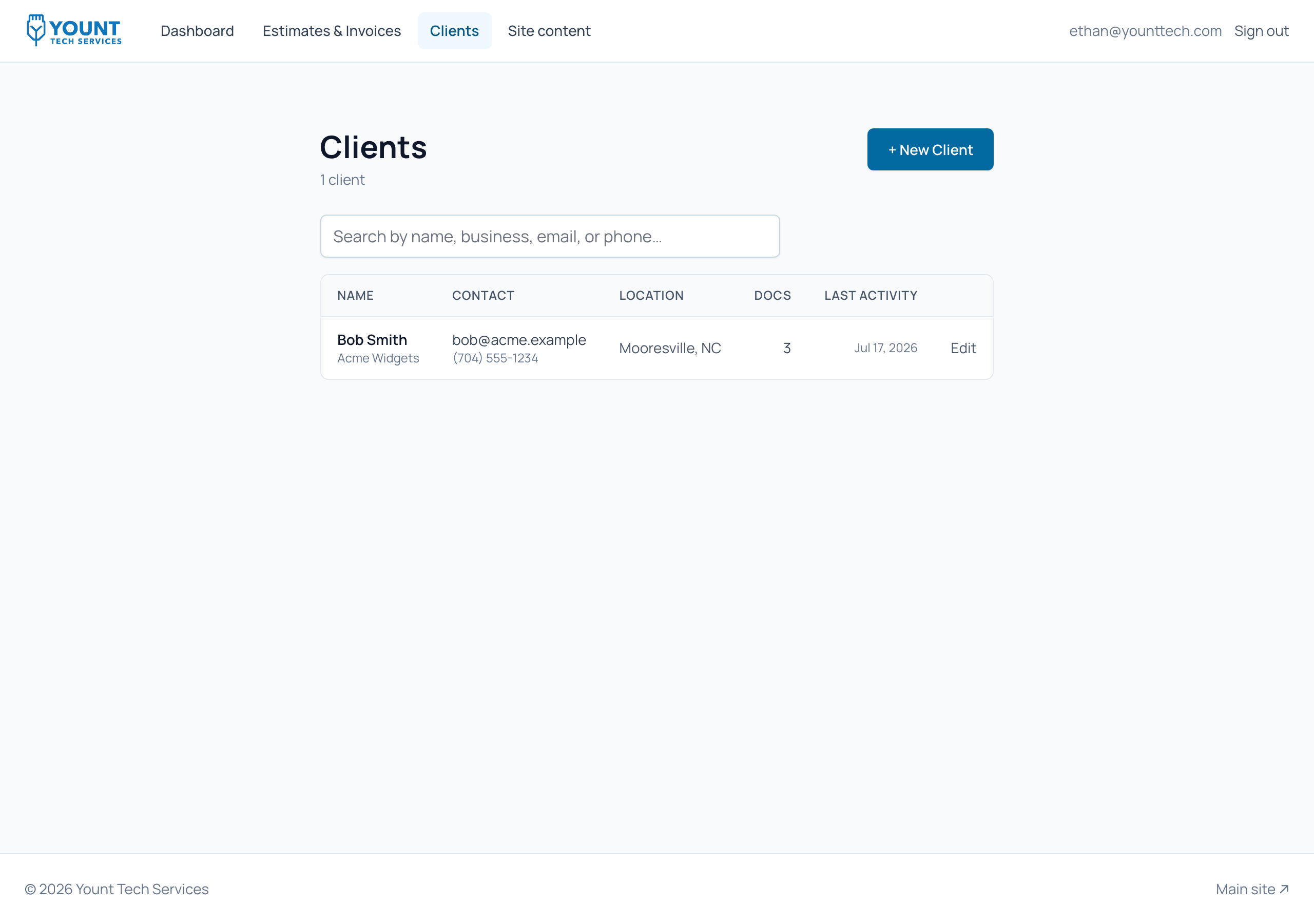 Clients list with search and per-client doc count