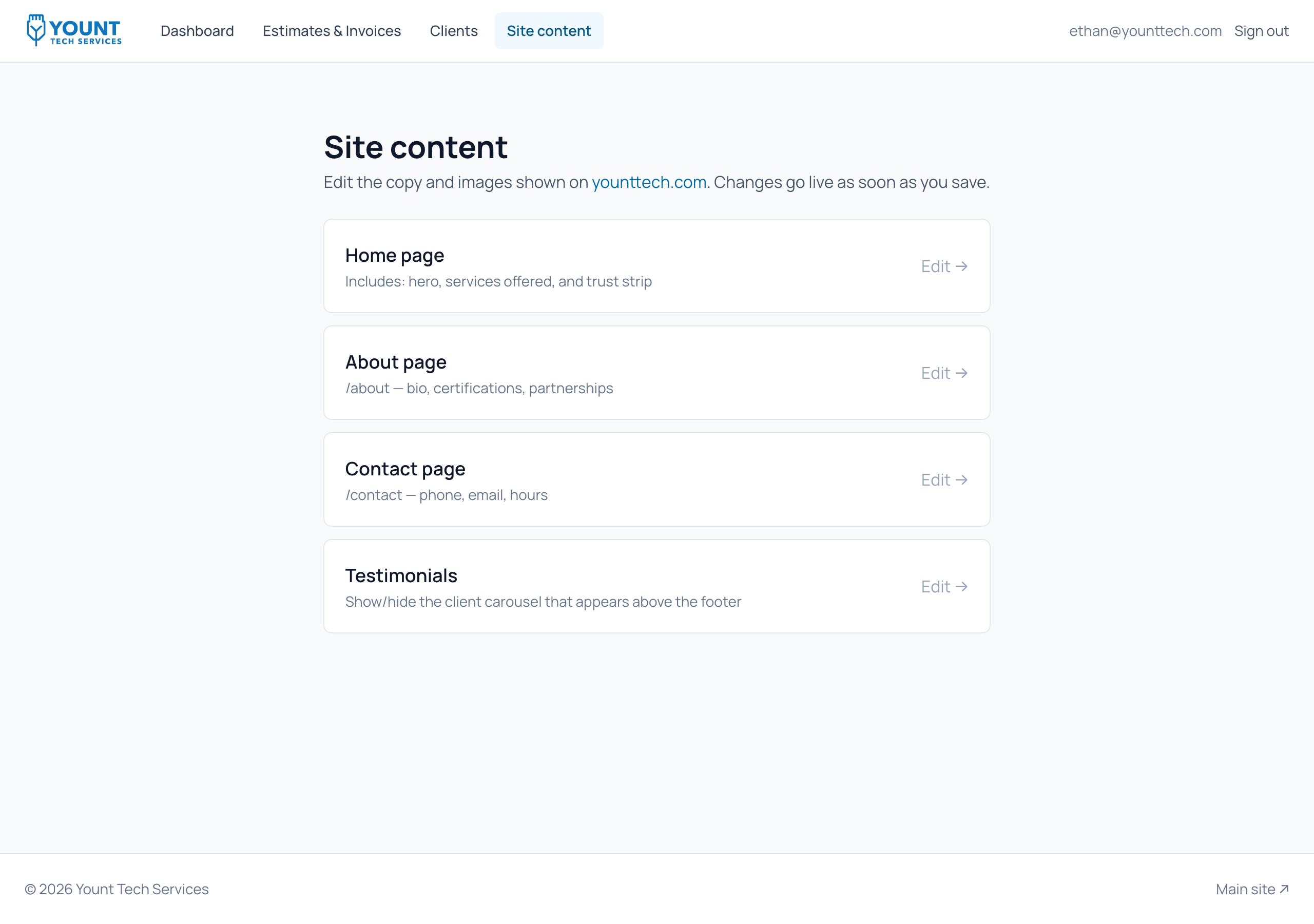 Content pages list with subtitles describing where each appears
